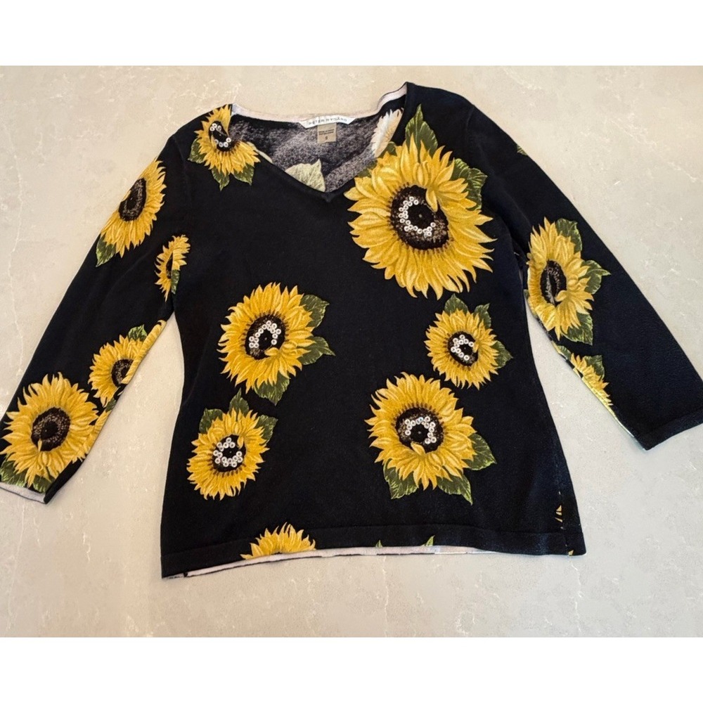 Peter Nygard Sunflower Sweater Women's Small Black Floral Rhinestone Knit Top